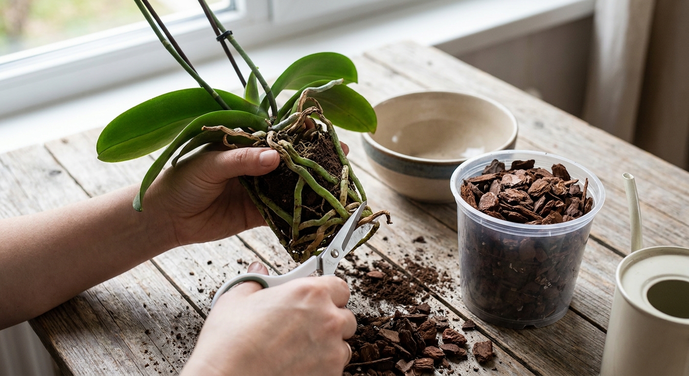 Hands repotting a Phalaenopsis orchid on a table, trimming dead roots with clean scissors next to a pot of fresh orchid bark