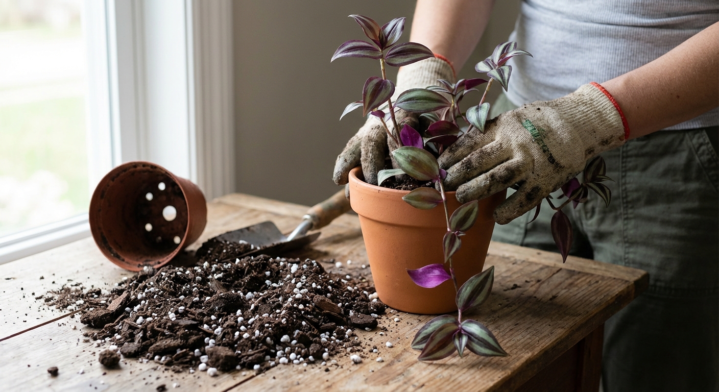 Hands repotting a Tradescantia plant into a small terracotta pot with fresh airy potting mix and perlite on a wooden table, natural window light, photorealistic