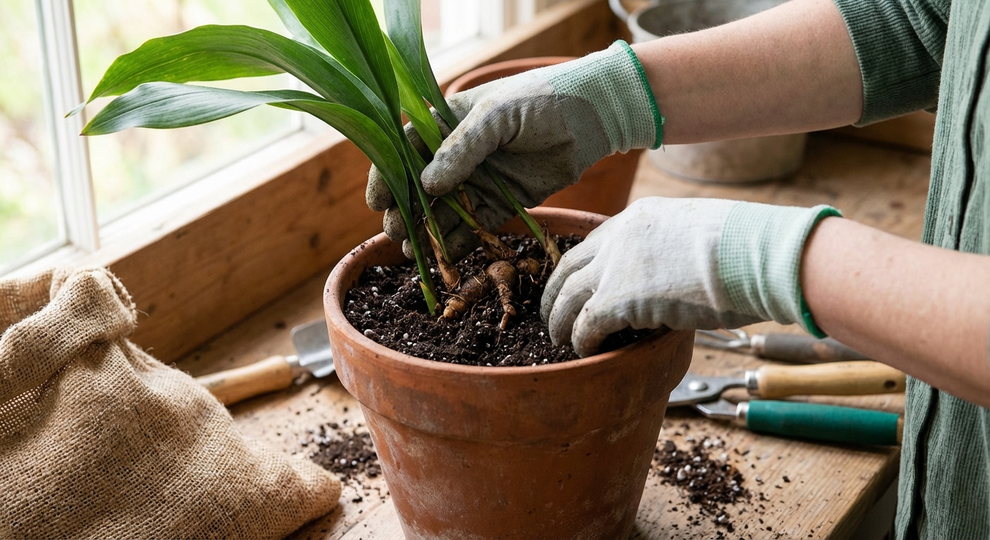 Hands repotting a cast iron plant into a medium terracotta pot with loose well-draining soil, rhizomes visible near the surface, natural window light, photorealistic gardening photography