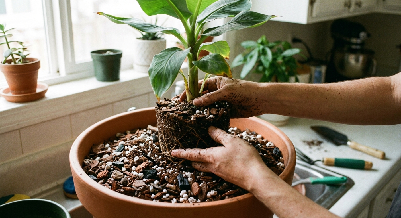 Hands repotting a dwarf banana plant into a larger pot with a chunky well-draining soil mix, indoor natural light