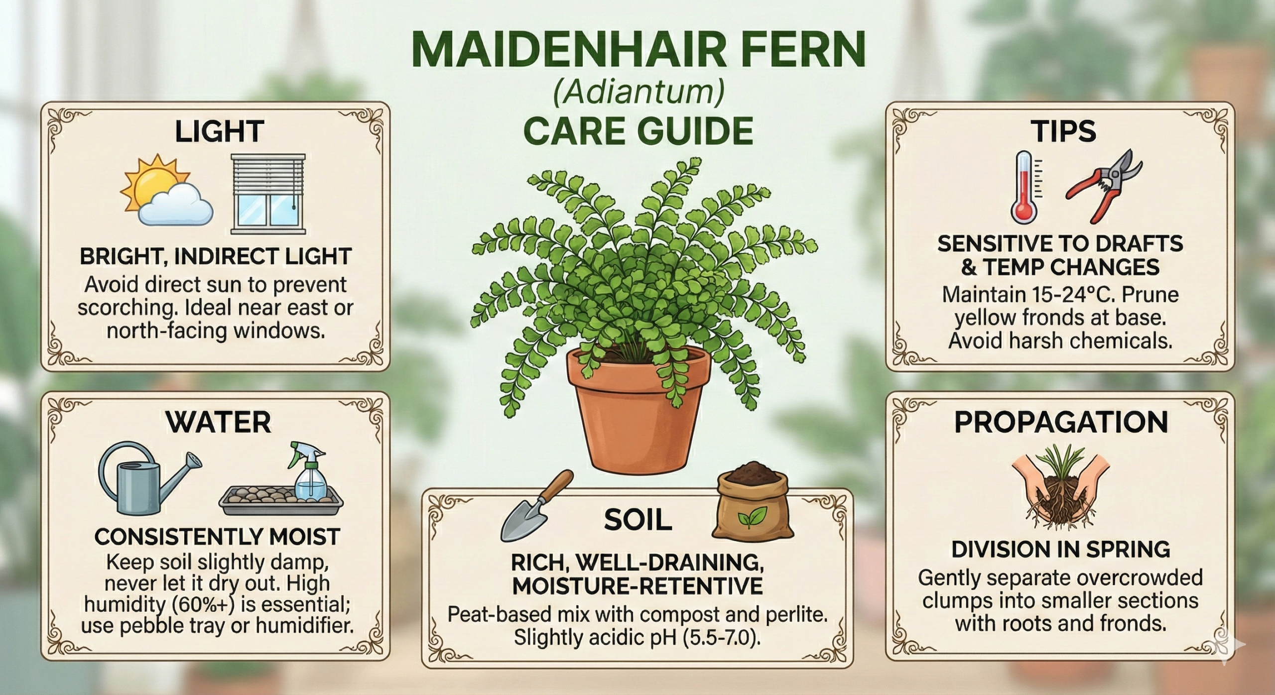 Hands repotting a maidenhair fern into a small pot with drainage holes, showing dark potting mix blended with perlite and fine bark, realistic close-up gardening photograph
