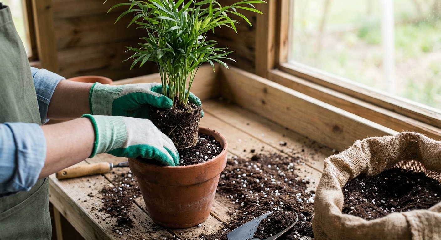 Hands repotting a parlor palm into a terracotta pot with fresh potting soil and perlite on a potting bench, natural light, photorealistic