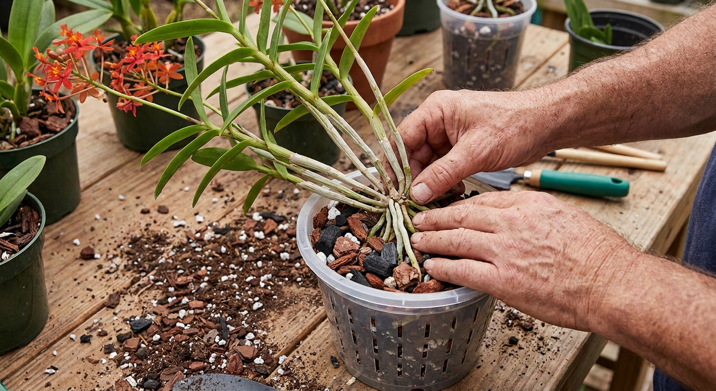 Hands repotting a reed-stem Epidendrum orchid, placing firm roots into a slotted orchid pot filled with chunky bark mix on a potting table