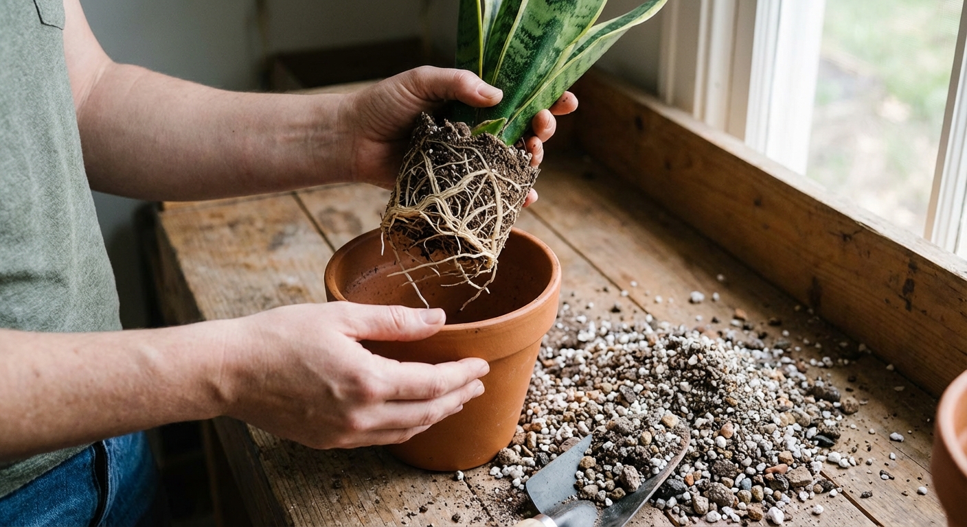 Hands repotting a snake plant on a potting bench with a terracotta pot, fresh gritty soil mix, and visible healthy white roots, natural daylight, photorealistic