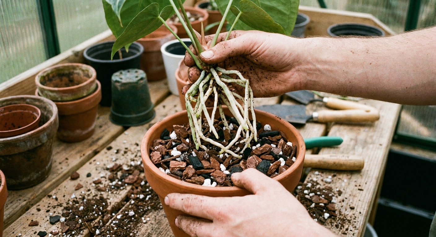 Hands repotting an anthurium with visible healthy roots into a pot filled with chunky bark and perlite based potting mix