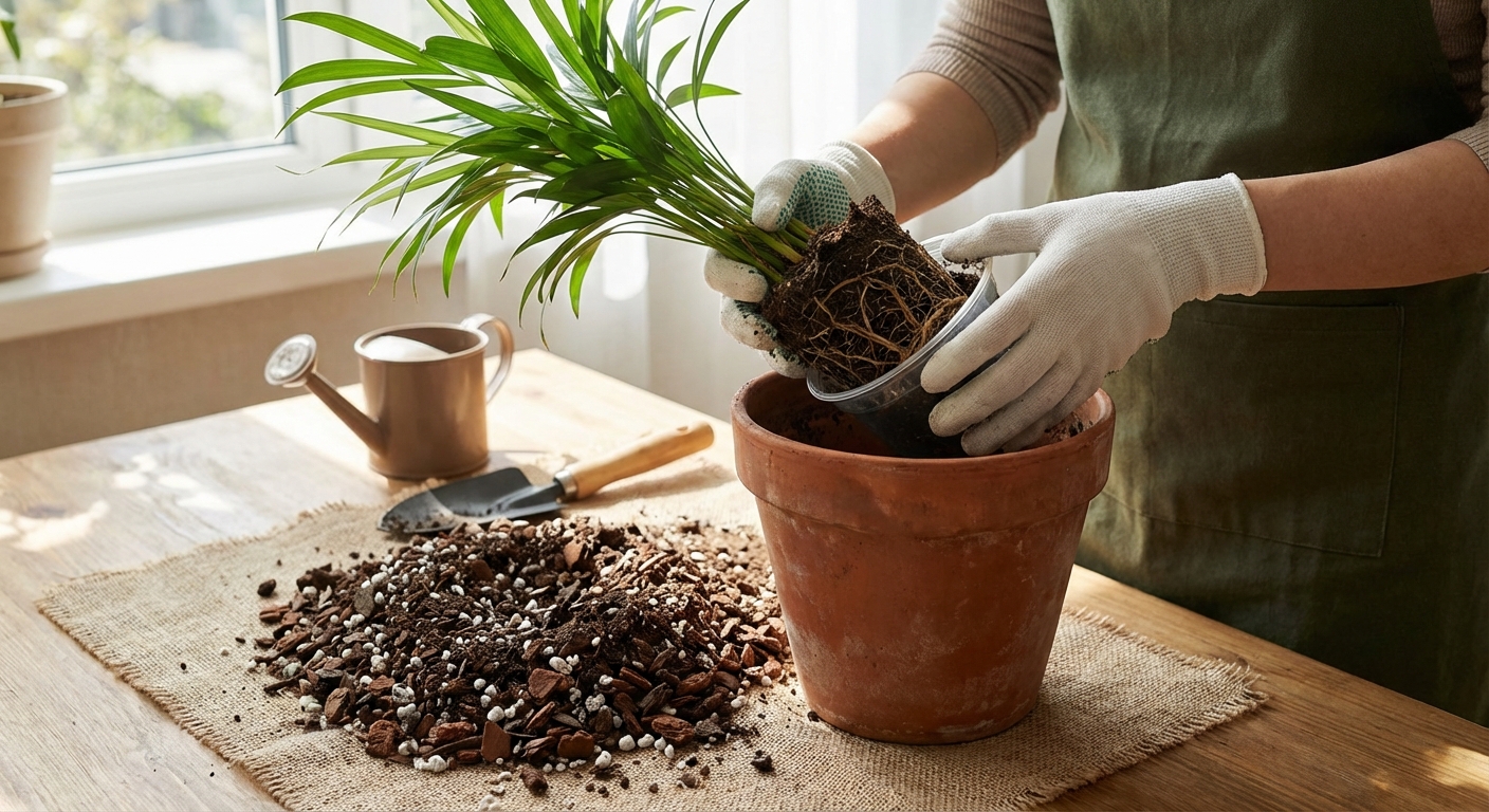 Hands repotting an areca palm into a slightly larger terracotta pot with airy potting mix on a table, natural indoor light, real photograph