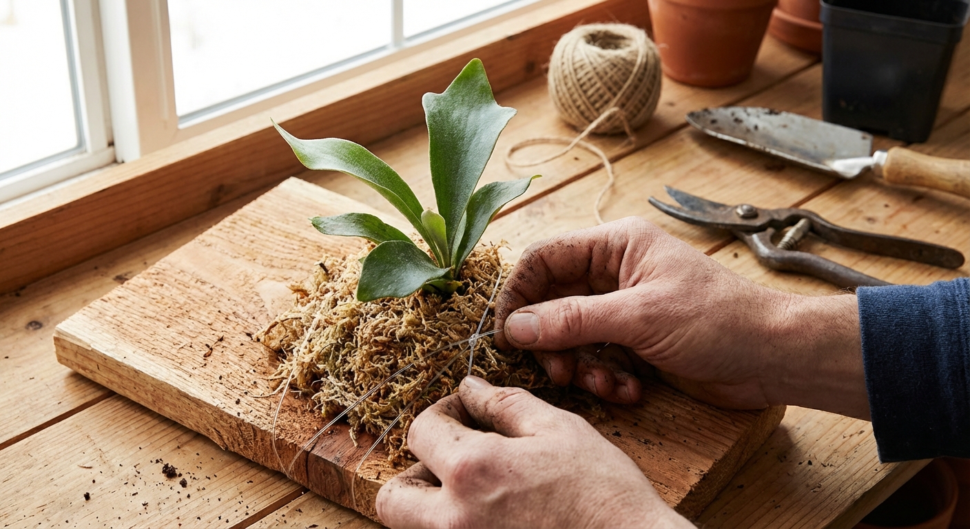 Hands securing a small staghorn fern onto a cedar board using fishing line and a pad of damp sphagnum moss, close-up realistic photo with natural light and gardening tools nearby