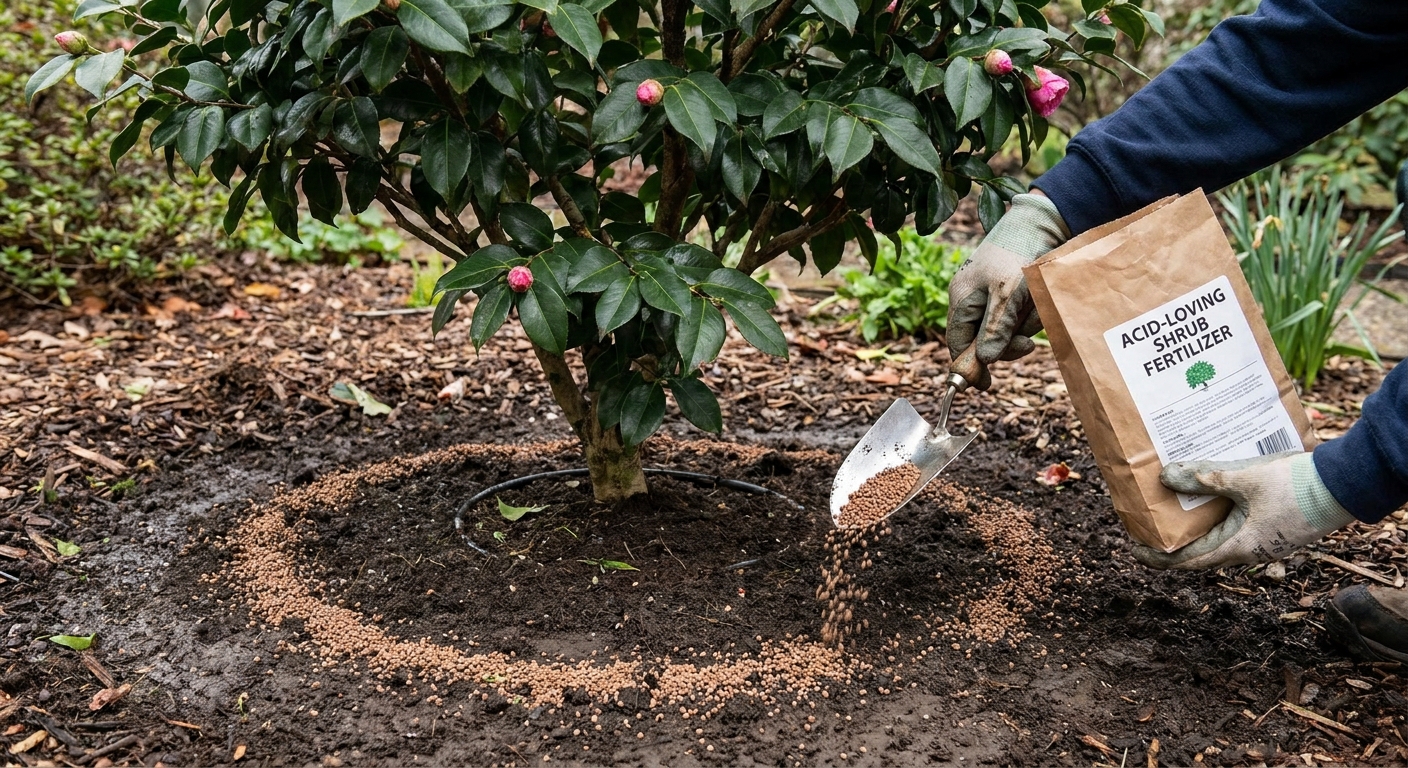 Hands sprinkling a small amount of granular acid-loving shrub fertilizer on soil around a camellia under the drip line