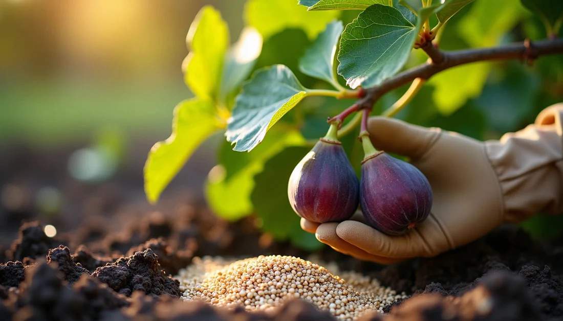 Hands sprinkling granular organic fertilizer on the soil surface of a fig tree in a large container outdoors on a patio