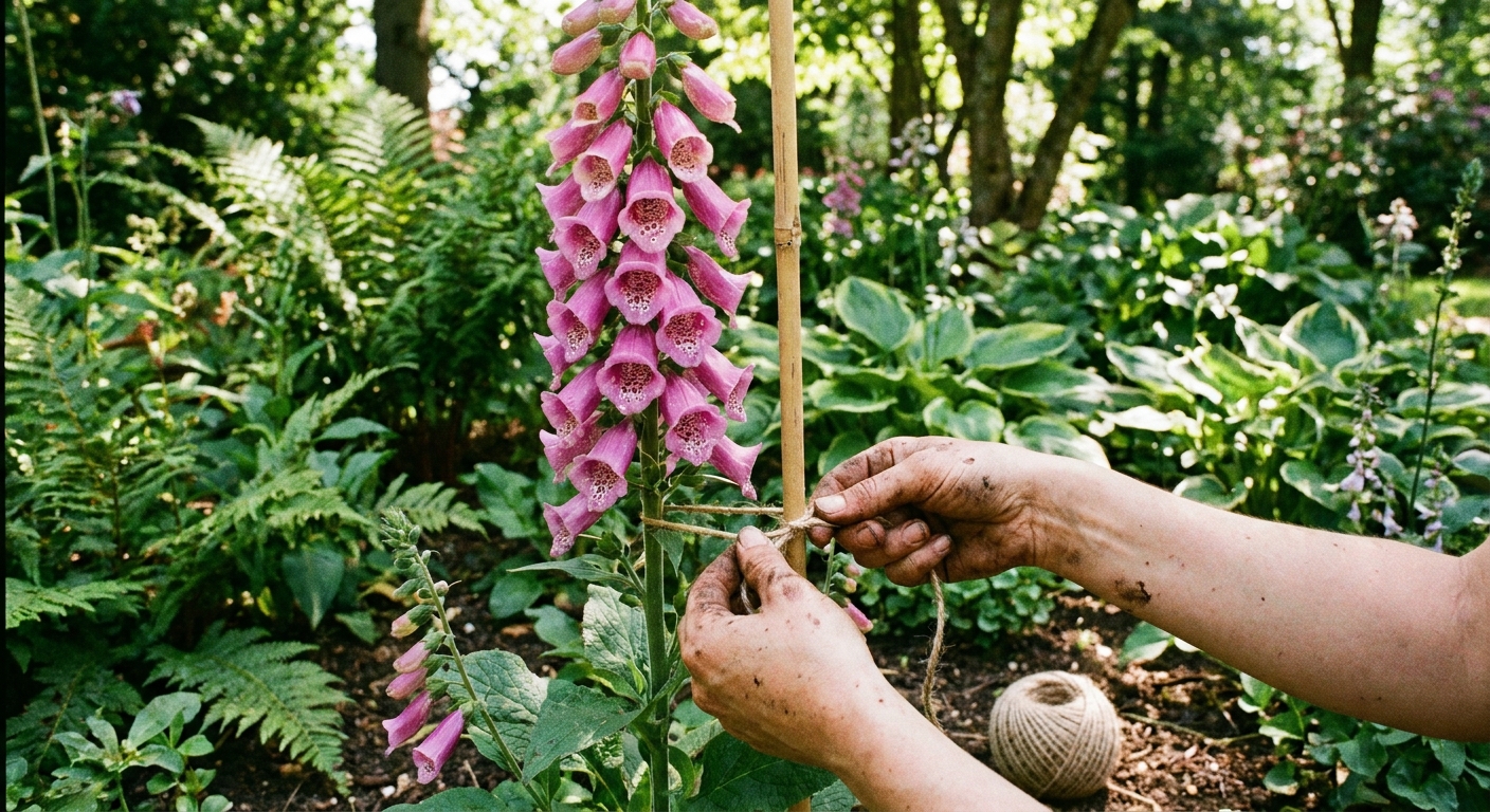 Hands tying a tall foxglove flower spike to a thin bamboo stake with soft garden twine in a leafy garden bed, natural photograph