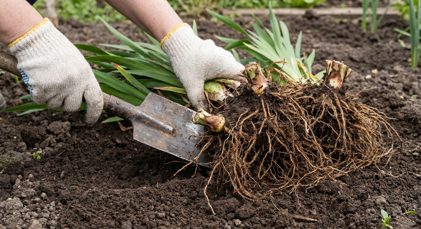 Hands using a garden spade to split a lifted Siberian iris clump, showing fibrous roots and crown sections on soil