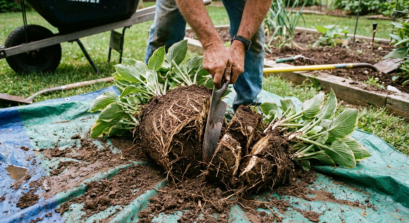Hands using a spade to slice a hosta root ball into smaller sections on a garden tarp