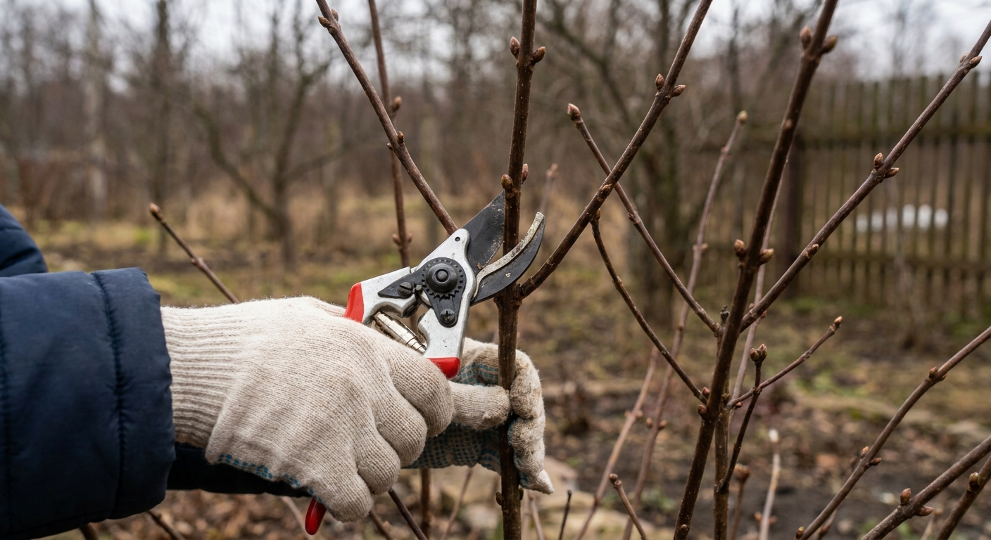 Hands using clean bypass pruners to cut back a dormant panicle hydrangea shrub in late winter, with visible buds on woody stems, natural photography style