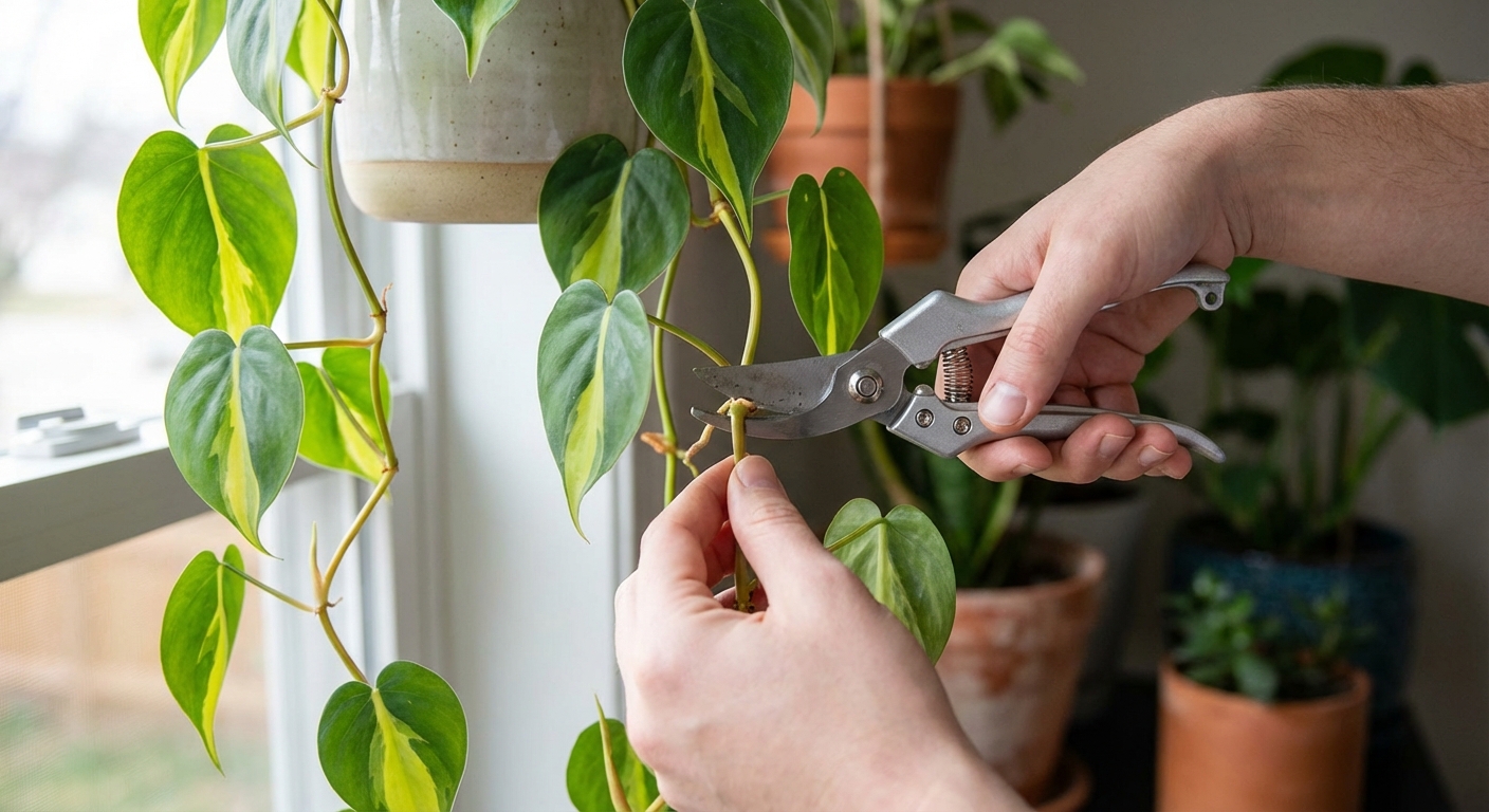 Hands using clean pruners to trim a leggy Philodendron Brasil vine above a node, indoor houseplant care photo