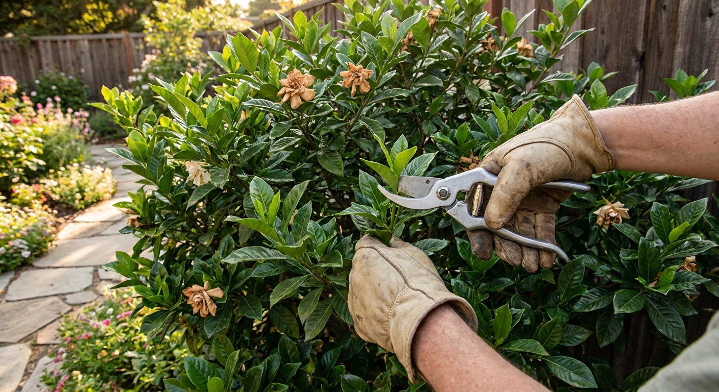 Hands using clean pruning shears to lightly trim a gardenia shrub outdoors after flowering, with glossy leaves visible, real garden photo