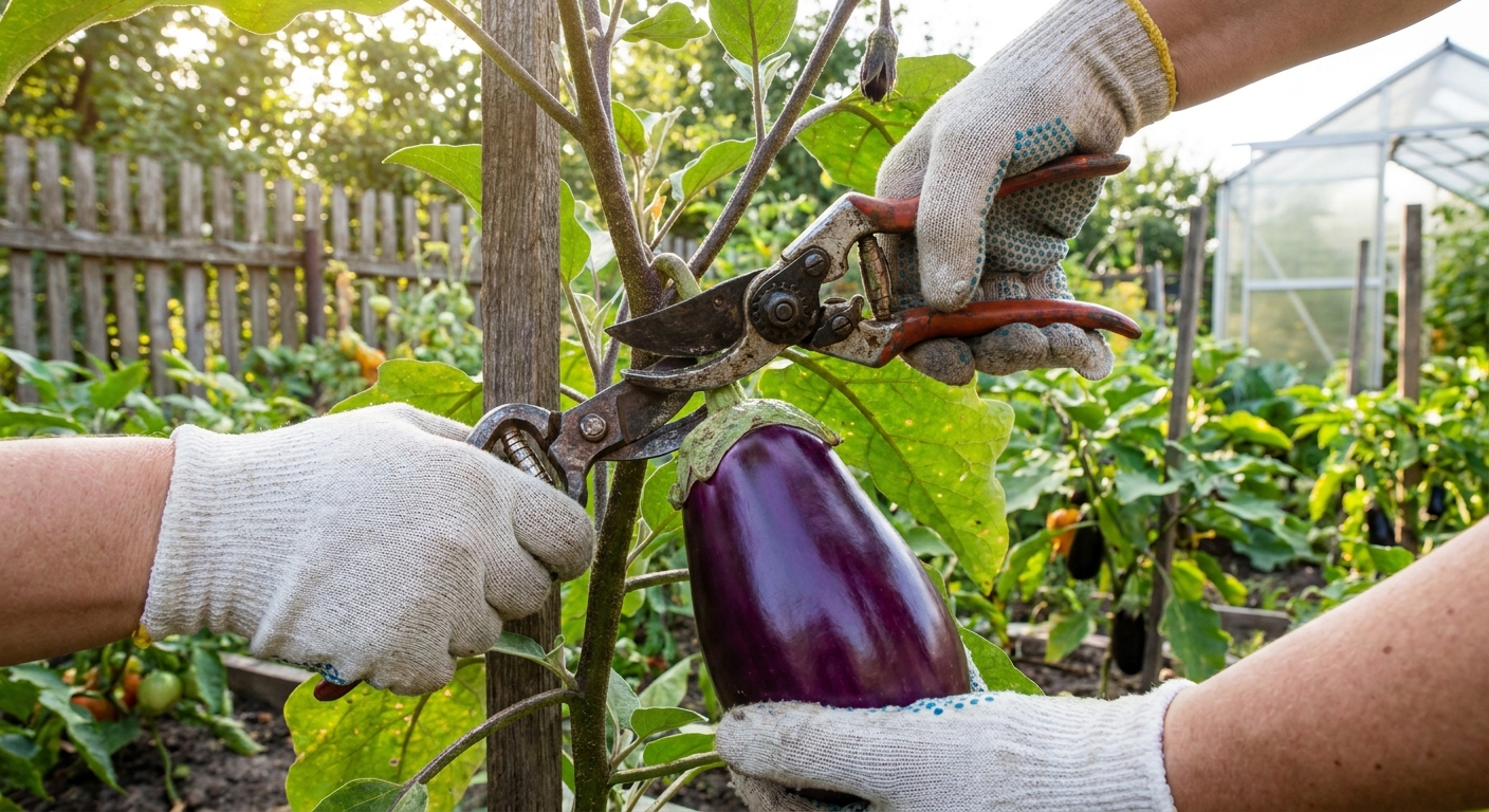 Hands using garden pruners to cut a ripe glossy purple eggplant from the plant in a backyard garden