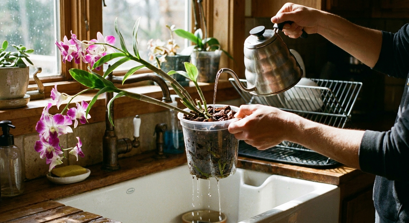 Hands watering a Dendrobium orchid in a clear plastic pot over a kitchen sink, water flowing through orchid bark, real photograph