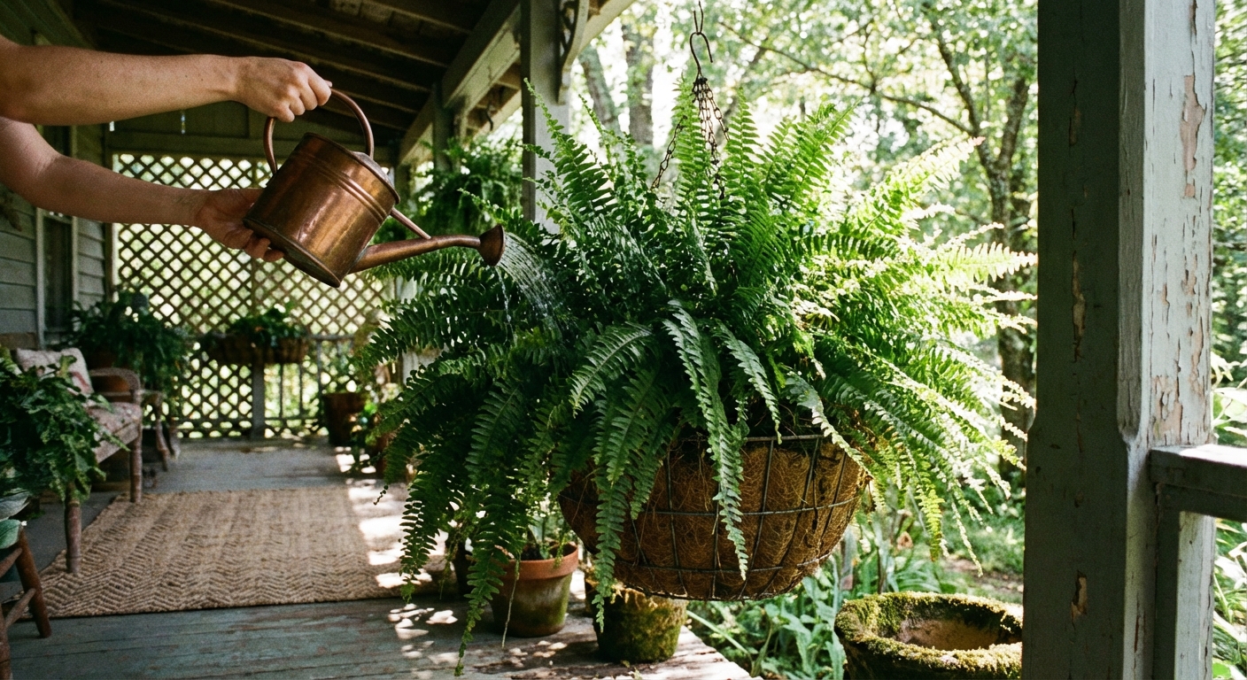 Hands watering a lush Boston fern in a hanging basket on a shaded porch in soft morning light