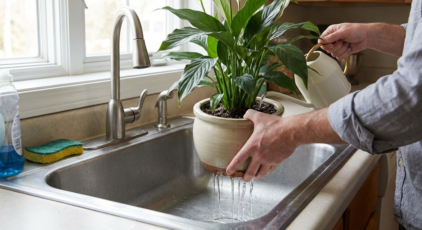 Hands watering a peace lily thoroughly in a kitchen sink so water drains from the pot, realistic indoor photo