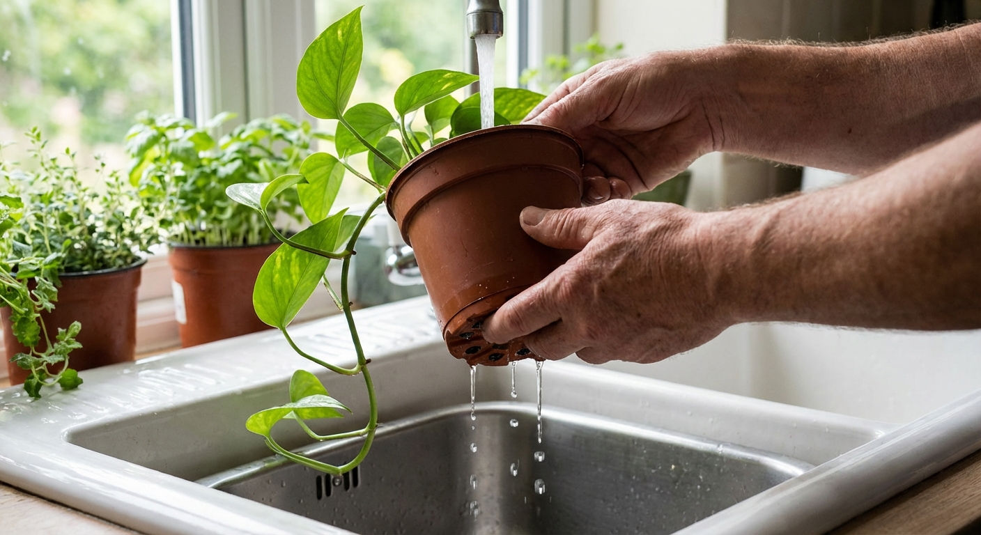 Hands watering a pothos in a nursery pot at a kitchen sink, water flowing through drainage holes, close-up natural light, realistic photography