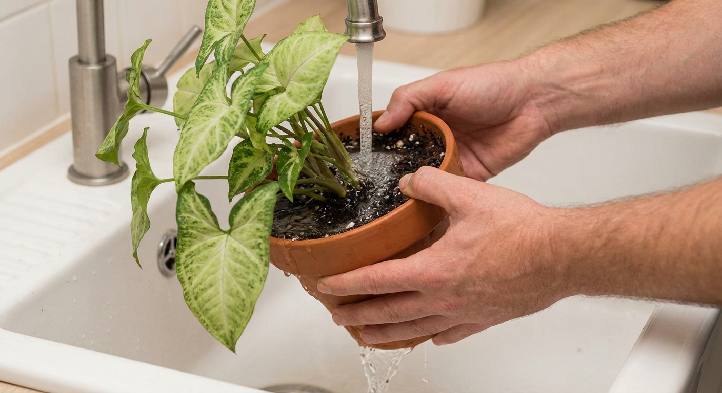 Hands watering a potted Syngonium in a sink, water flowing through the pot and draining from the bottom, close-up of arrowhead-shaped leaves, photorealistic