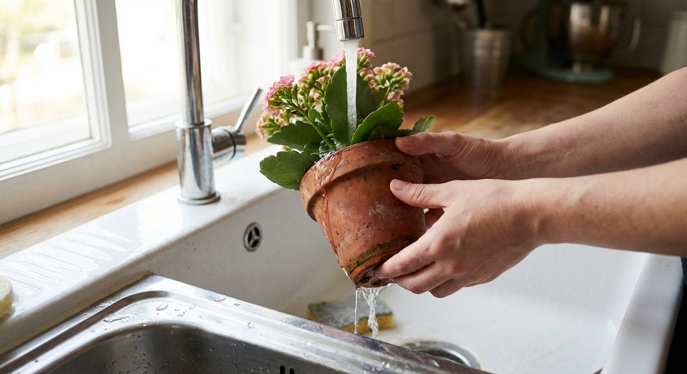 Hands watering a small potted kalanchoe in a terracotta pot at a kitchen sink, water flowing through the drainage hole, close-up, photorealistic