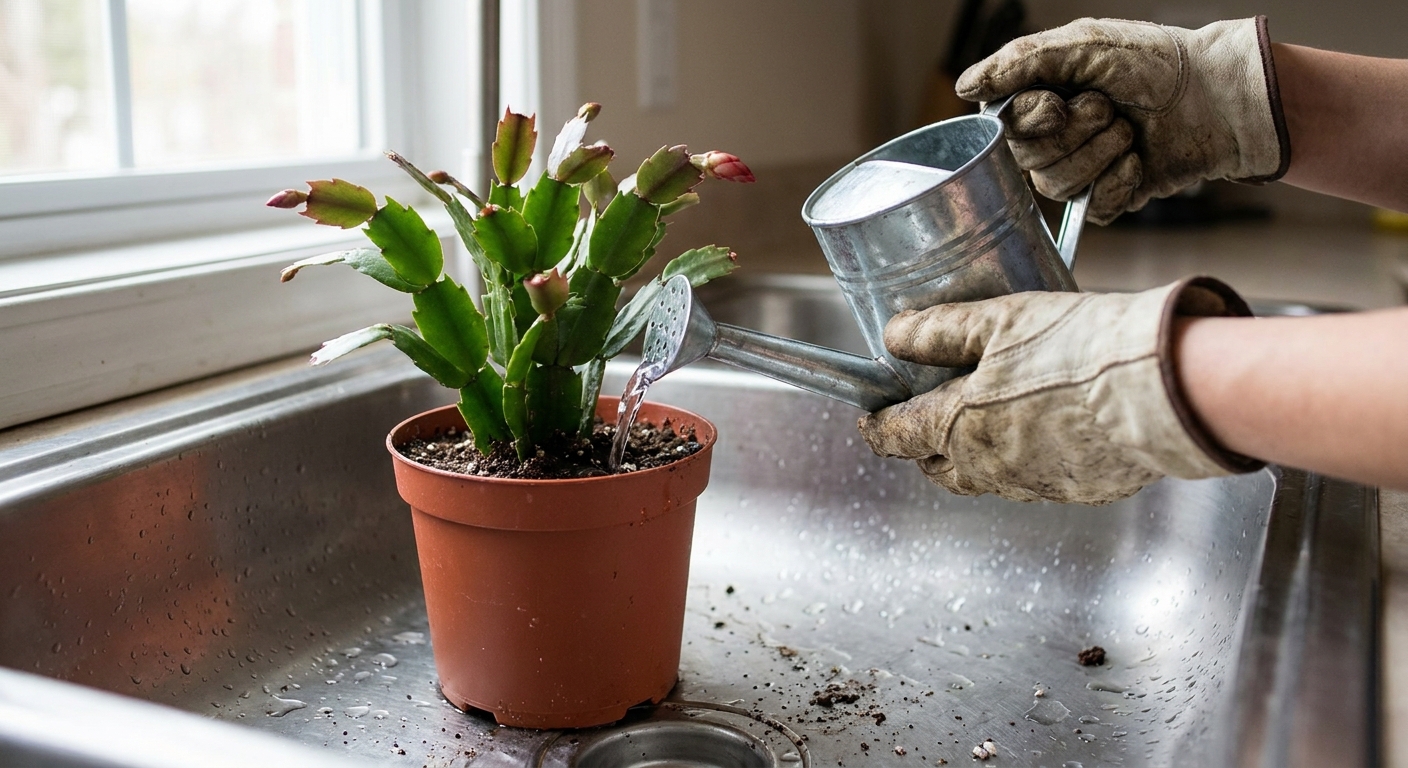 Hands watering an Easter cactus in a nursery pot set in a kitchen sink, water flowing through the drainage holes, realistic indoor photography