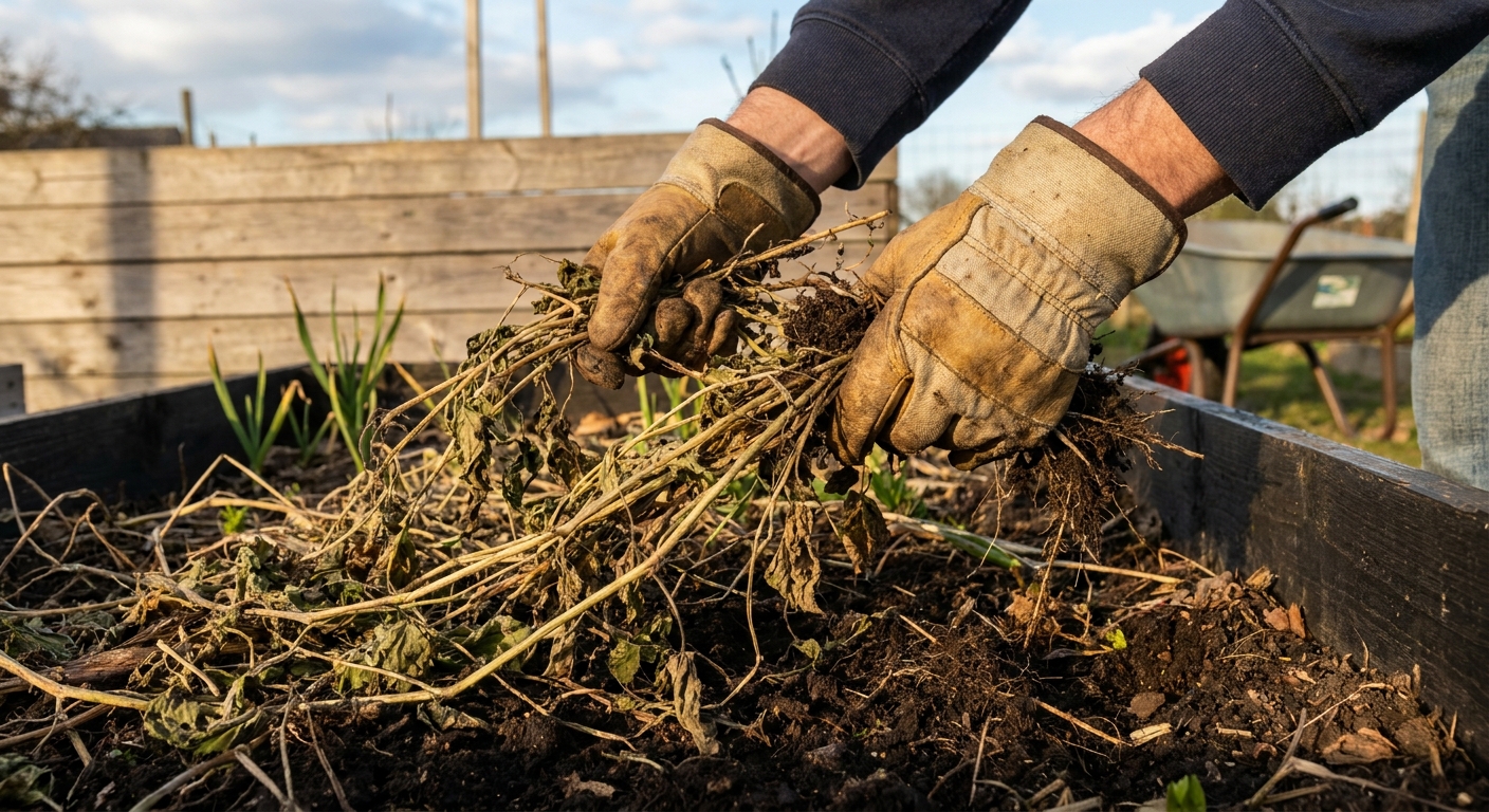 Hands wearing garden gloves lifting old plant debris from a raised vegetable bed in early spring sunlight, realistic photo