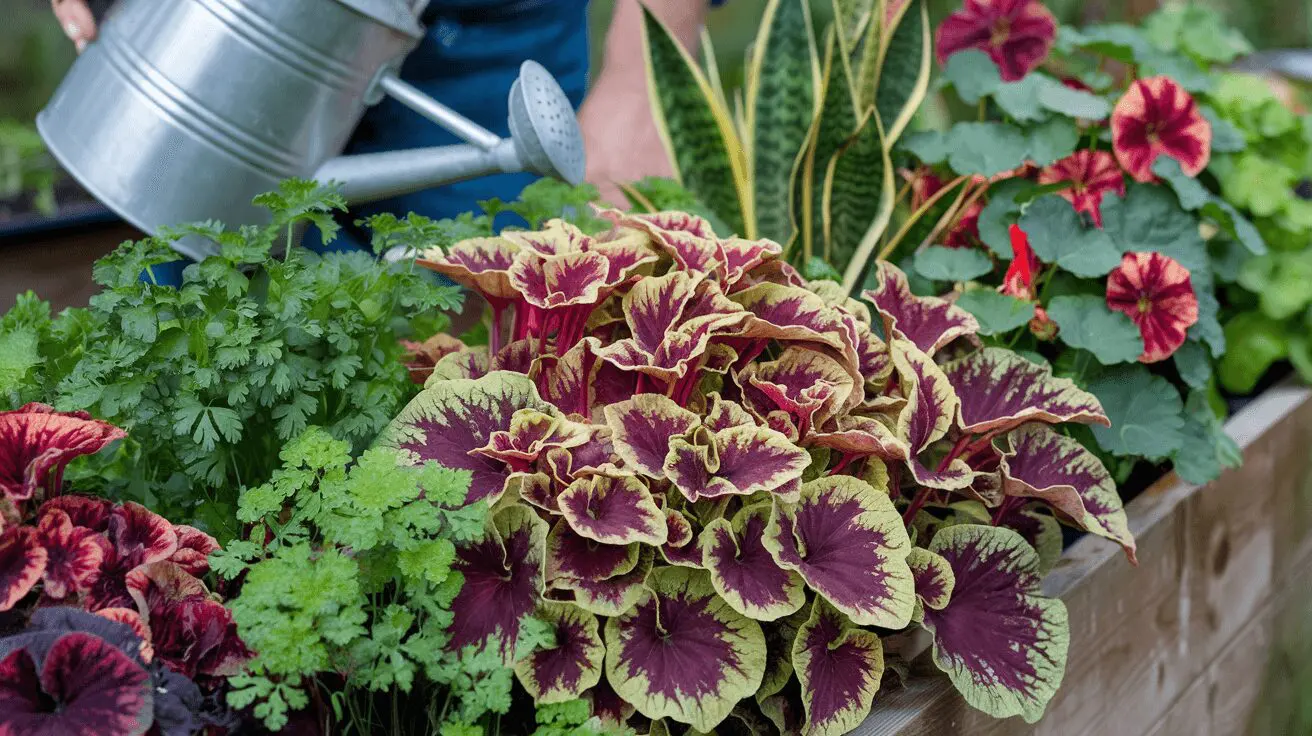 Healthy coleus plants growing in a patio container in bright shade with space between plants for airflow