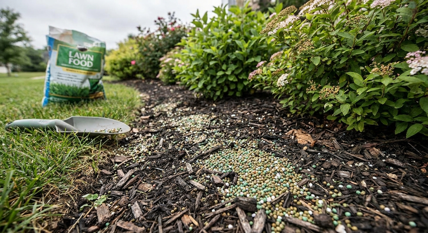 Lawn fertilizer granules scattered near the edge of a mulched shrub bed, suggesting accidental overfeeding of nearby shrubs
