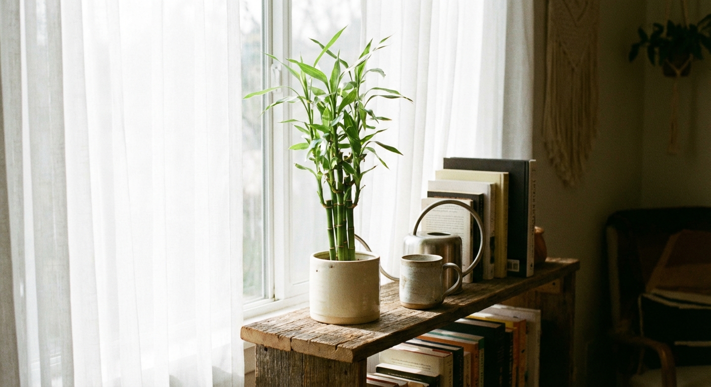 Lucky bamboo in a simple ceramic pot placed on an indoor shelf near a window with sheer curtains, receiving bright indirect daylight, natural home interior photography style
