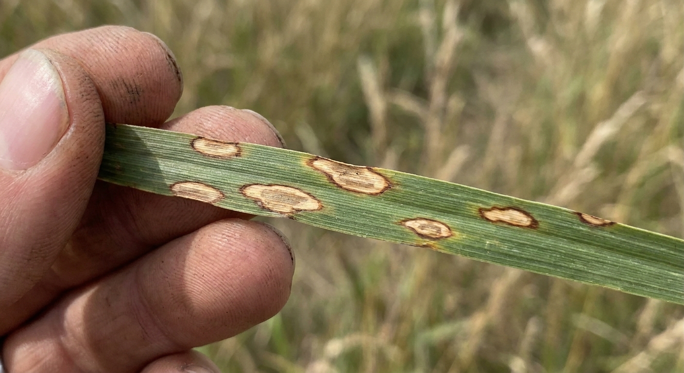 Macro real photograph of a single grass blade held between fingers, showing distinct tan lesions and darker margins along the leaf