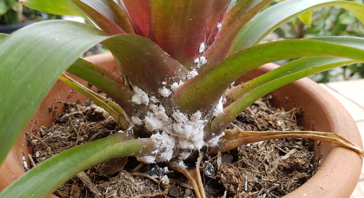 Mealybugs clustered along the base of bromeliad leaves, appearing as small white cottony insects