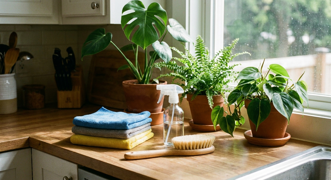 Microfiber cloths, a small spray bottle of water, and a soft brush laid out next to potted houseplants on a kitchen counter, natural light photo