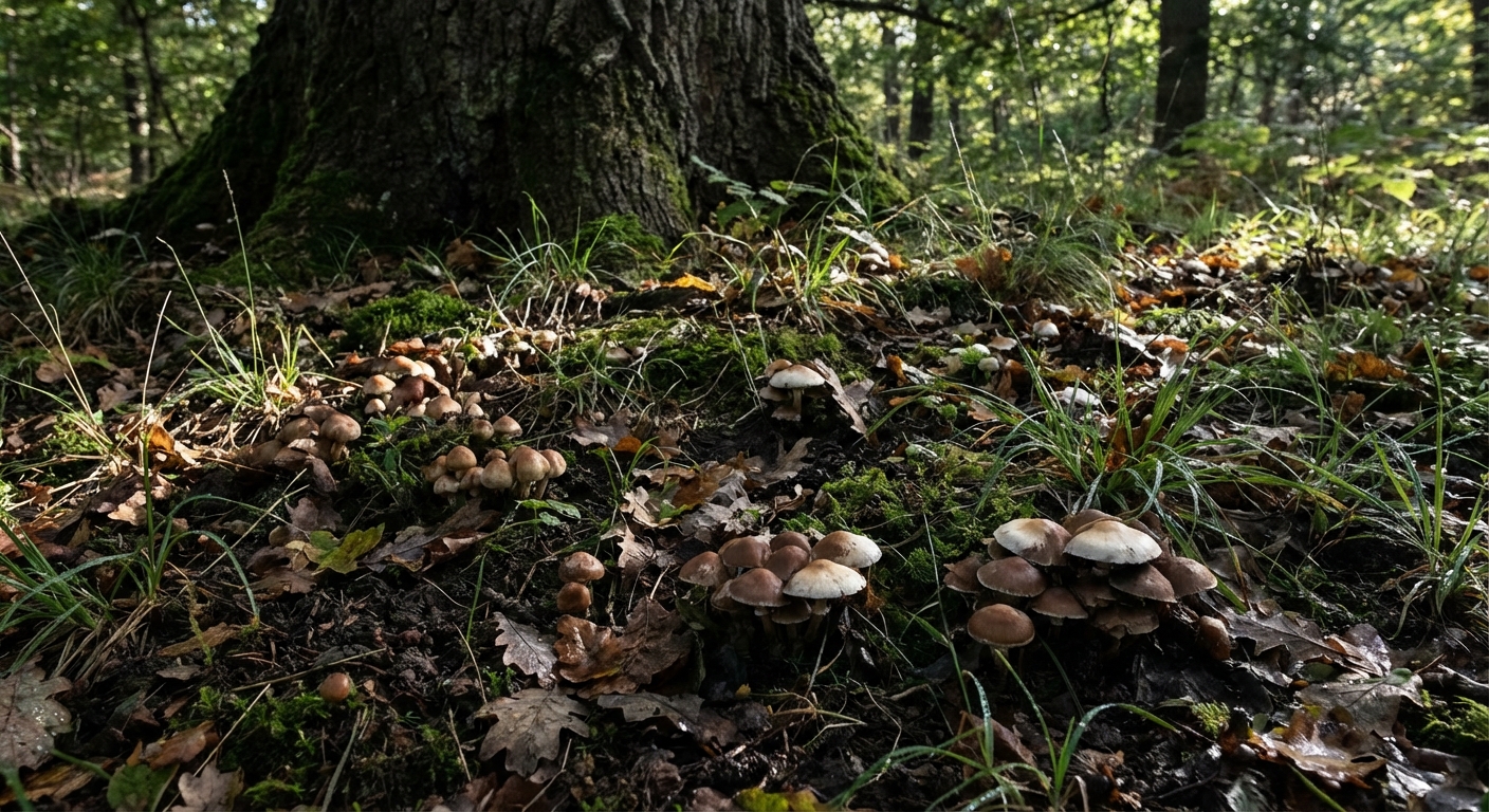 Mushrooms scattered through thin grass in deep shade beneath a mature oak tree, damp soil visible, natural outdoor photo