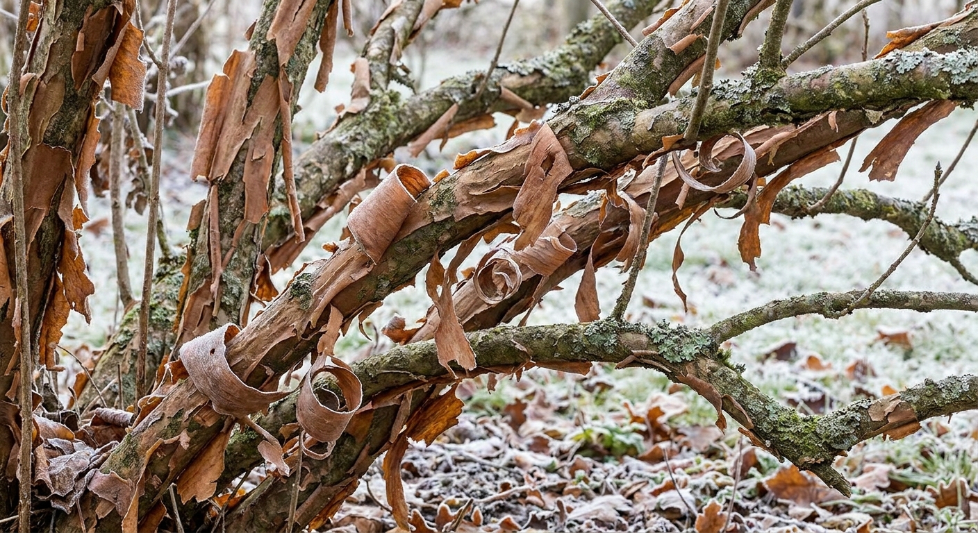 Oakleaf hydrangea stems in winter showing peeling, cinnamon-brown exfoliating bark curling away from the branches