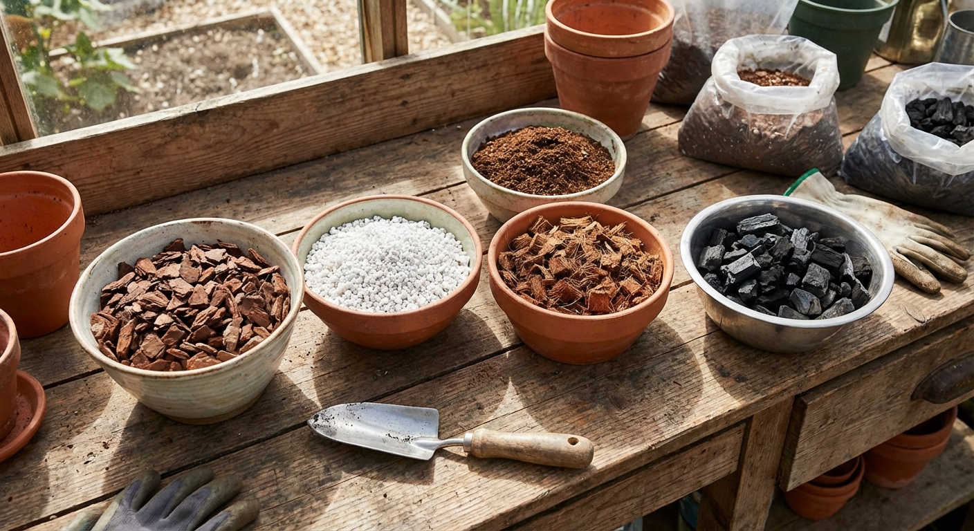 Orchid bark, perlite, coco coir, and charcoal in separate bowls on a potting bench
