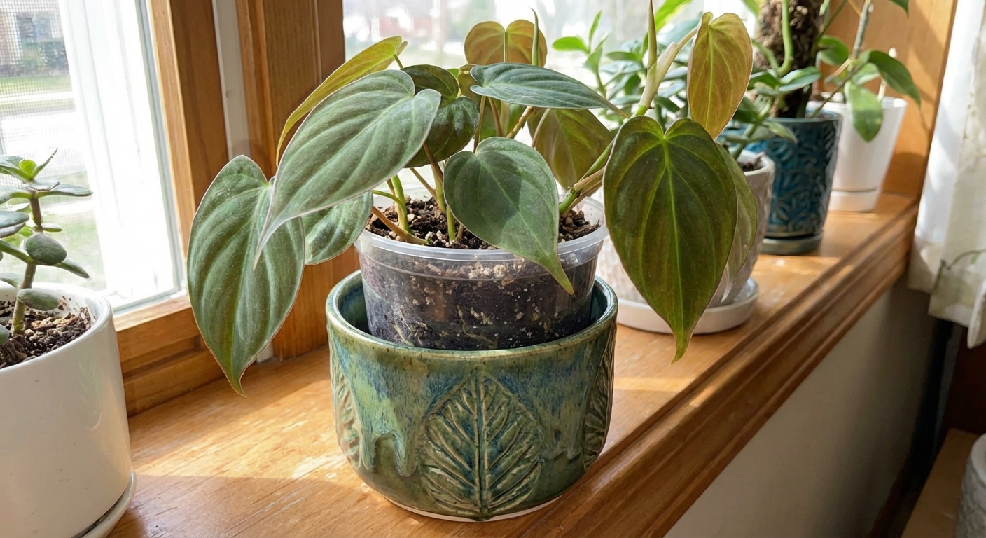 Philodendron in a clear nursery pot placed inside a decorative ceramic cachepot