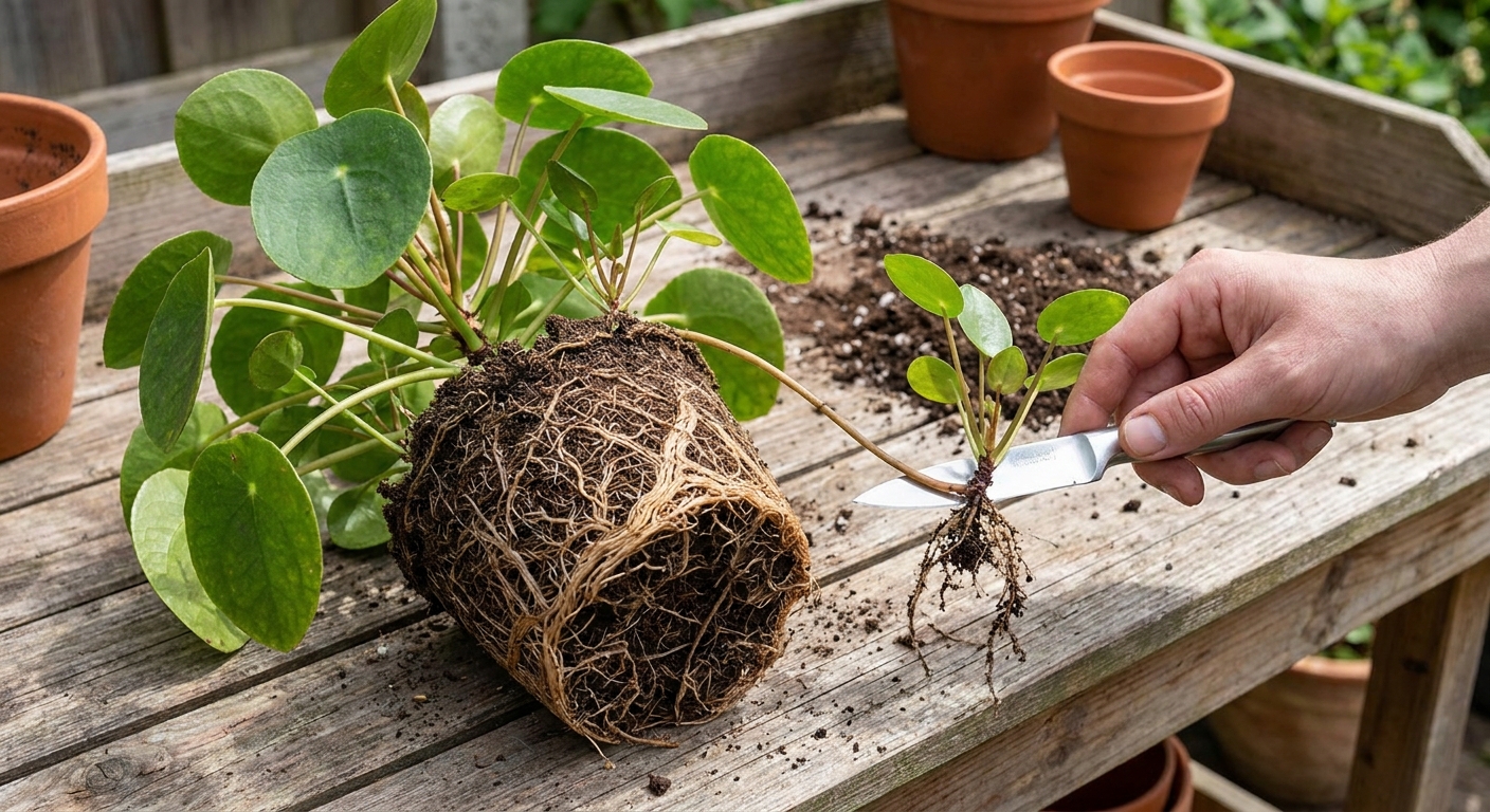 Photo of a Chinese money plant root ball outside the pot while a clean knife cuts the thin runner connecting a pup to the mother plant