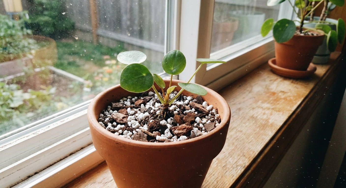 Photo of a freshly separated Chinese money plant pup planted in a small terracotta pot with airy soil, sitting on a bright windowsill with indirect light