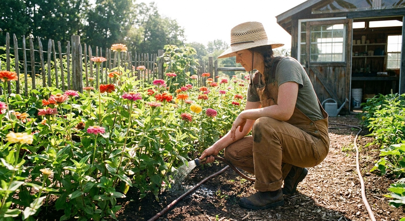 Photo of a gardener watering zinnia plants at the soil line using a hose or drip line, keeping foliage dry in a sunny bed