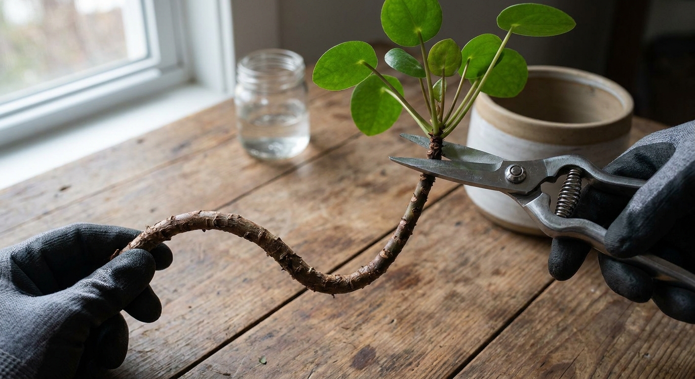Photo of a leggy Chinese money plant with a long bare stem as clean pruners prepare to cut the leafy top rosette for re-rooting