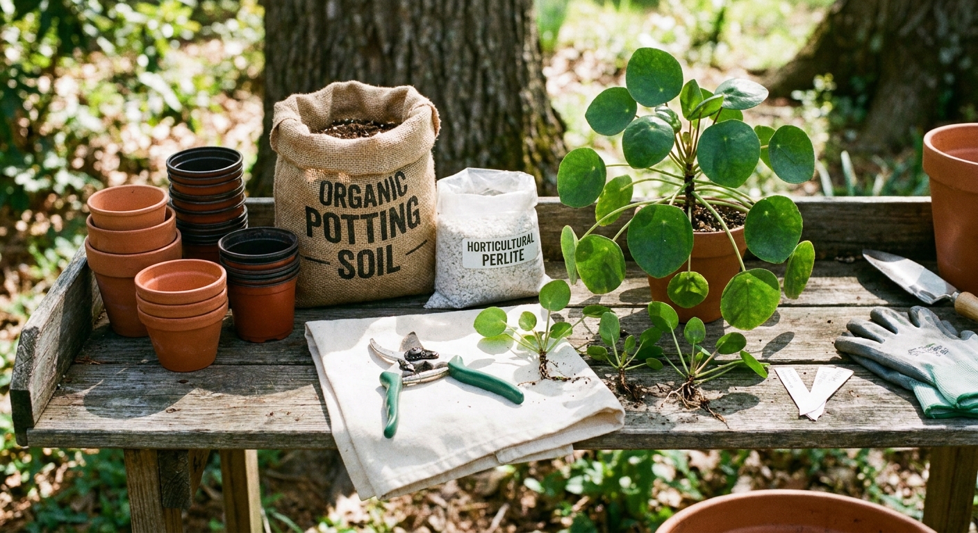 Photo of small nursery pots, a bag of perlite, potting soil, and clean pruners arranged on a potting bench ready for Pilea pup propagation