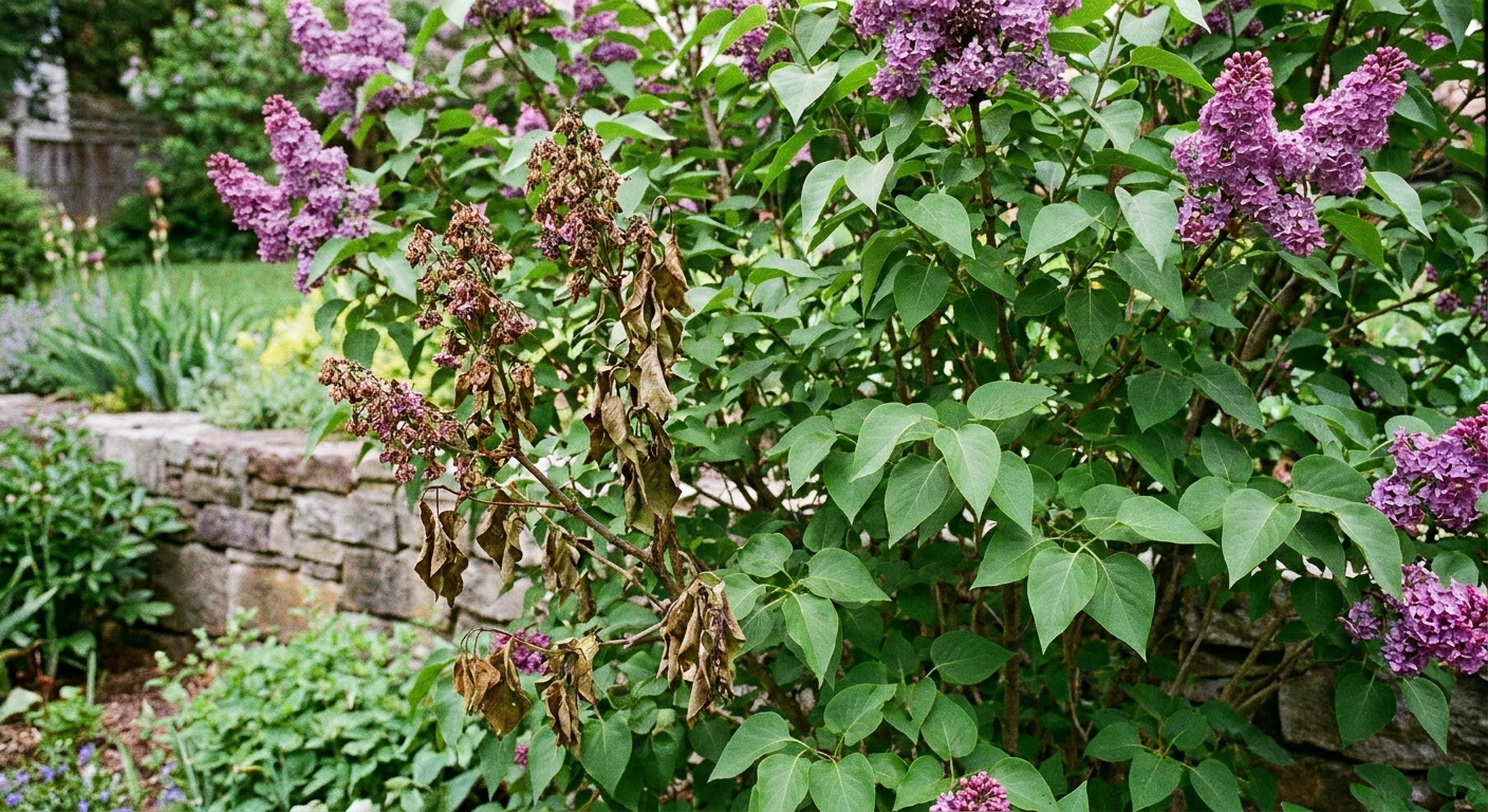 Photograph of a lilac shrub with one visibly wilted, browned cane while surrounding canes remain green