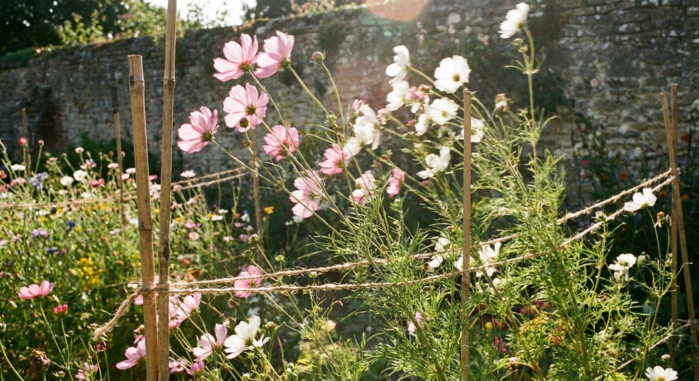 Photograph of tall pink and white cosmos flowers in a sunny garden supported by bamboo stakes and soft twine, with the plants gently leaning in a breeze