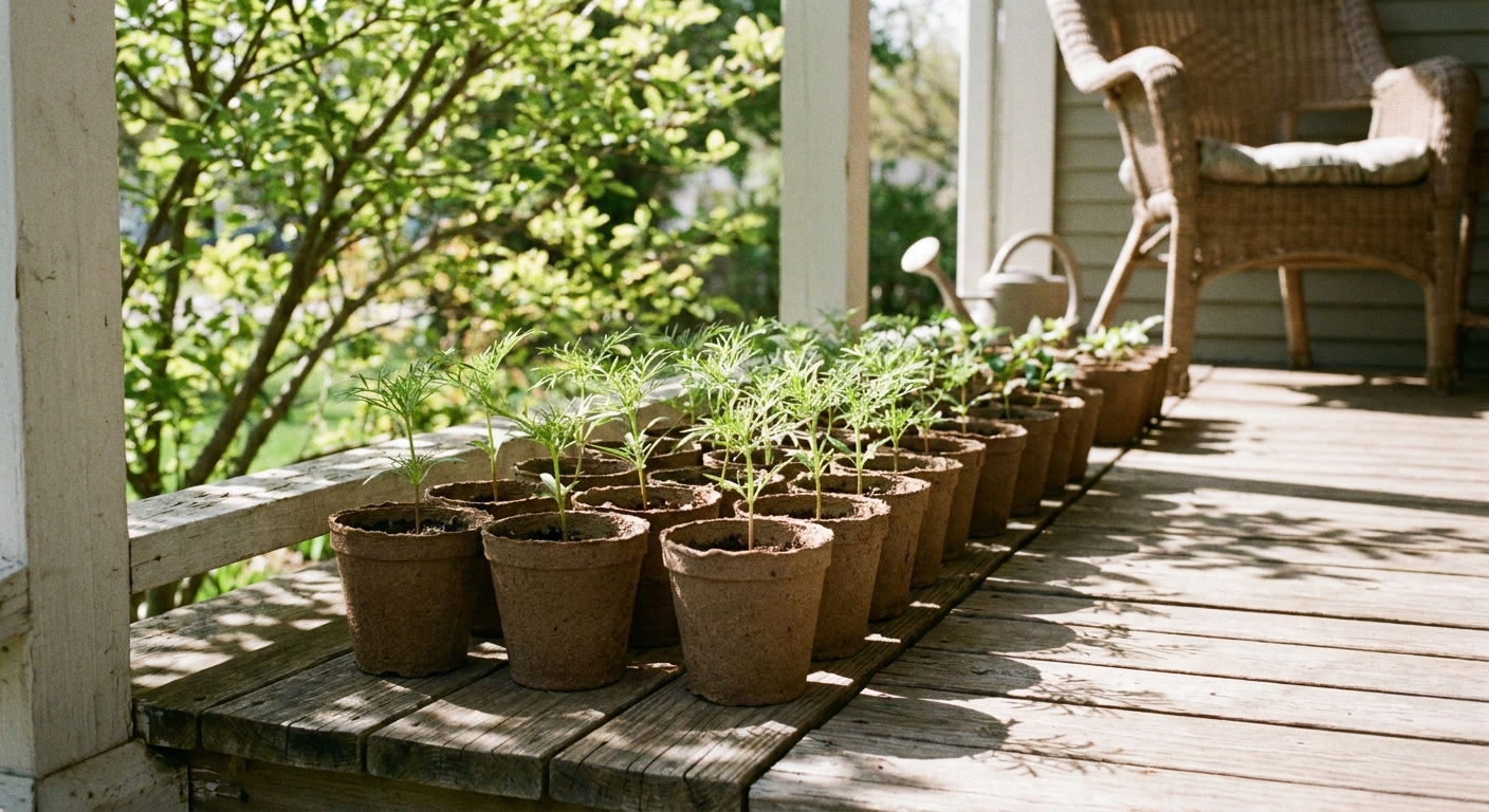 Photograph of young cosmos seedlings in small biodegradable pots lined up on a sunny porch during hardening off, with soft shadows and green leaves