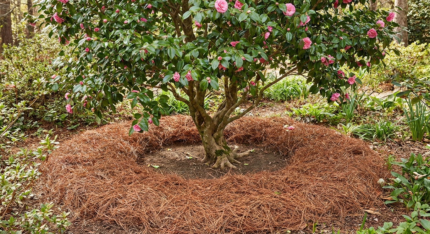 Pine needle mulch spread in an even ring around the base of a camellia shrub, leaving space around the trunk
