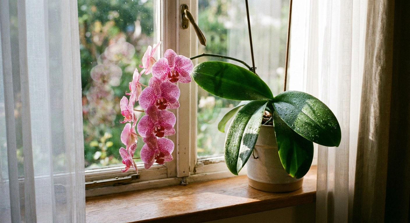 Pink Phalaenopsis orchid near an east facing window with a sheer curtain and soft morning light on the leaves