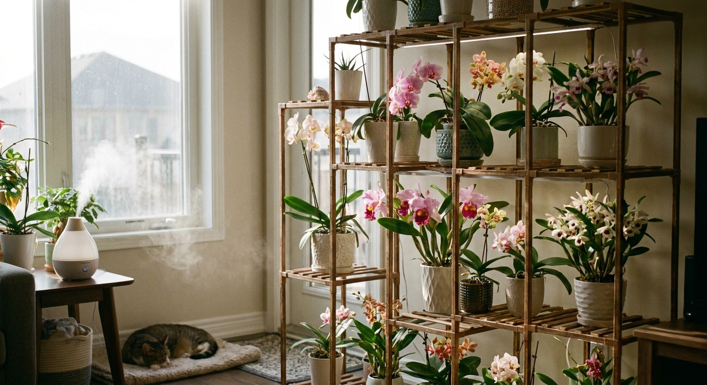 Plant shelf with several orchids and a small humidifier nearby in soft daylight