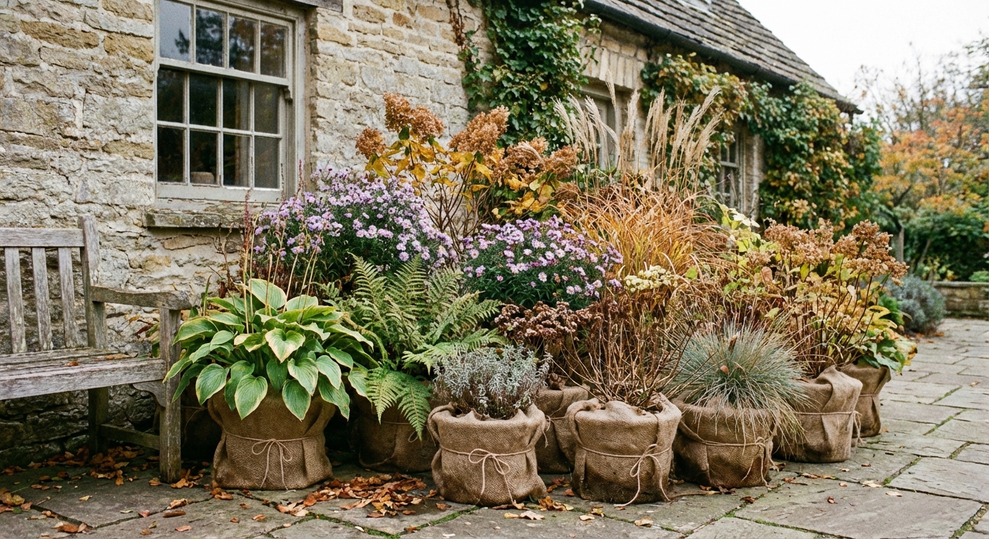 Potted perennials grouped together against a house wall with burlap wrapped around the pots